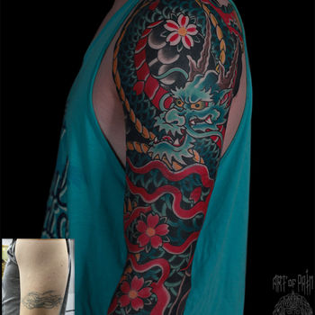 японская татуировка с драконом на руке у мужчины