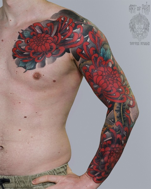 Тату красный пион в японском стиле