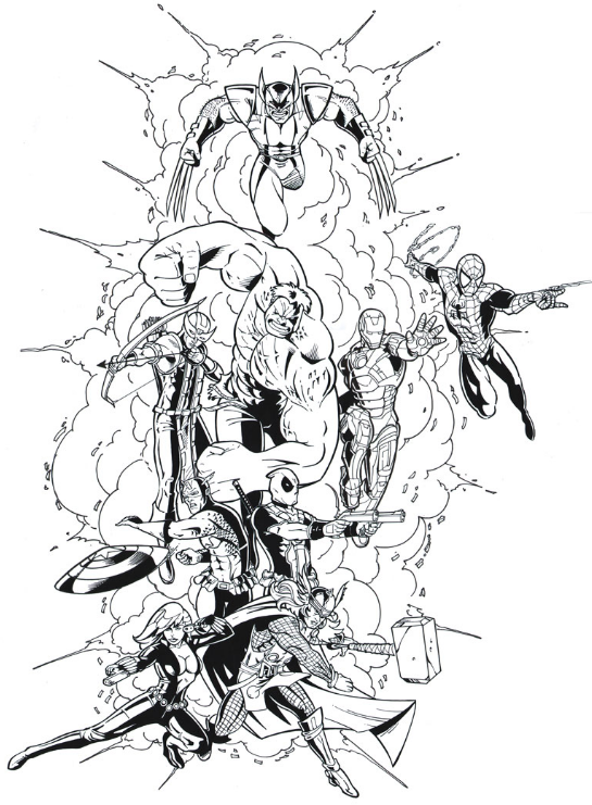 Эскиз черно-белой тату с героями Marvel