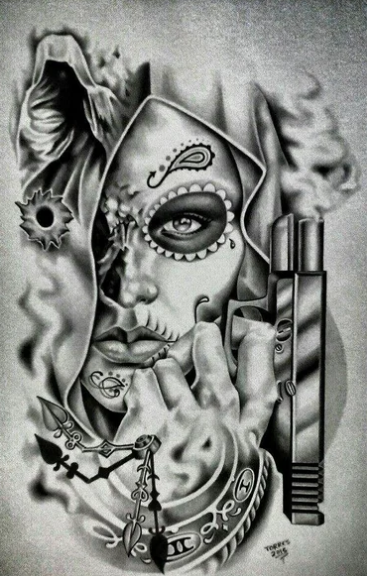 Тату Санта Муэрте с оружием