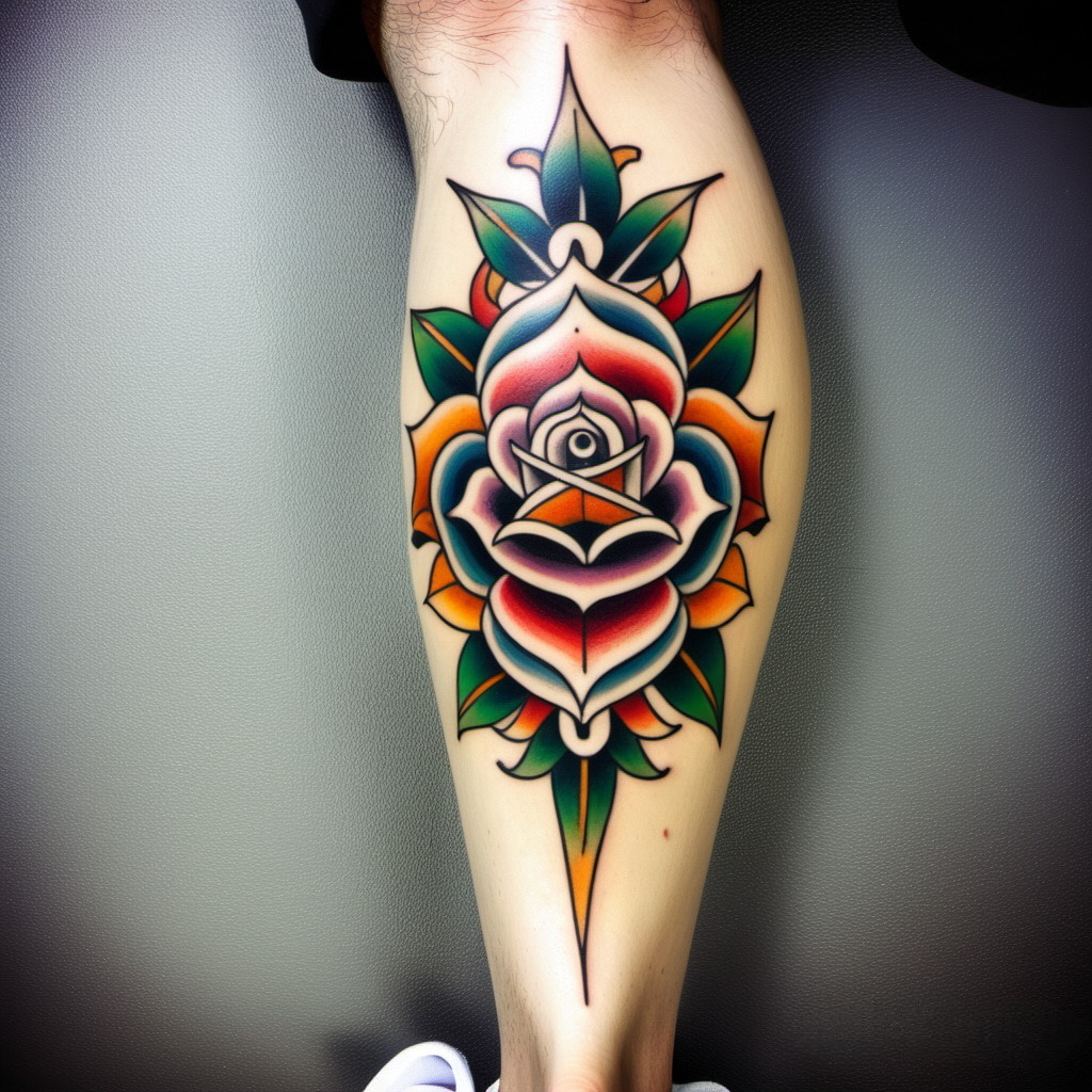 эскиз татуировки в стиле олдскул на икре