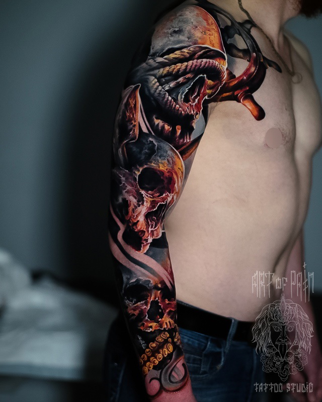 тату рукав с черепом