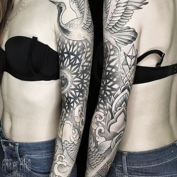 татуировка рукав в стиле дотворк