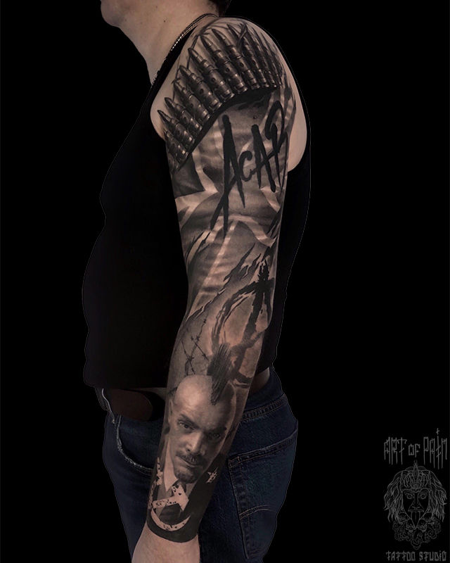 Татуировка мужская реализм тату-рукав портрет, патроны, надпись - мастер Вячеслав Плеханов 5923