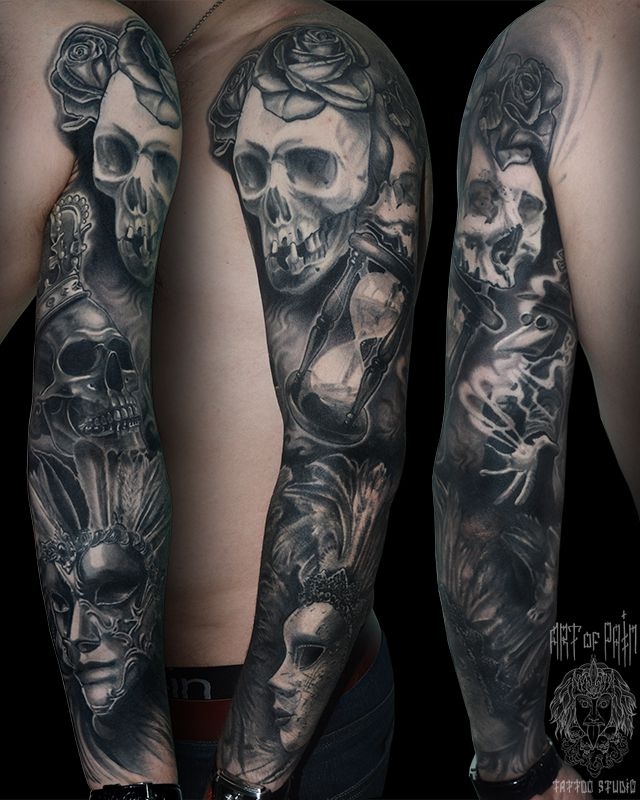 Татуировка мужская Black&Grey рукав черепа, розы и маски 952 | Art of Pain