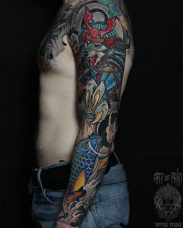 Татуировка мужская япония тату-рукав лотосы, карп, волк - мастер Юрий  Хандрыкин 4336 | Art of Pain