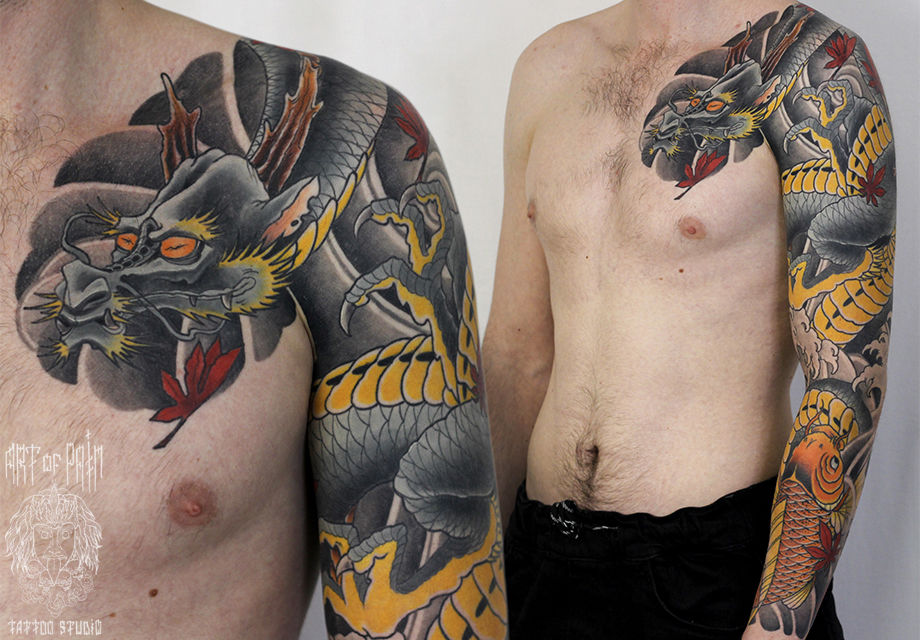 Татуировка мужская япония тату-рукав дракон и карп кои – Мастер тату: Марк Акулов