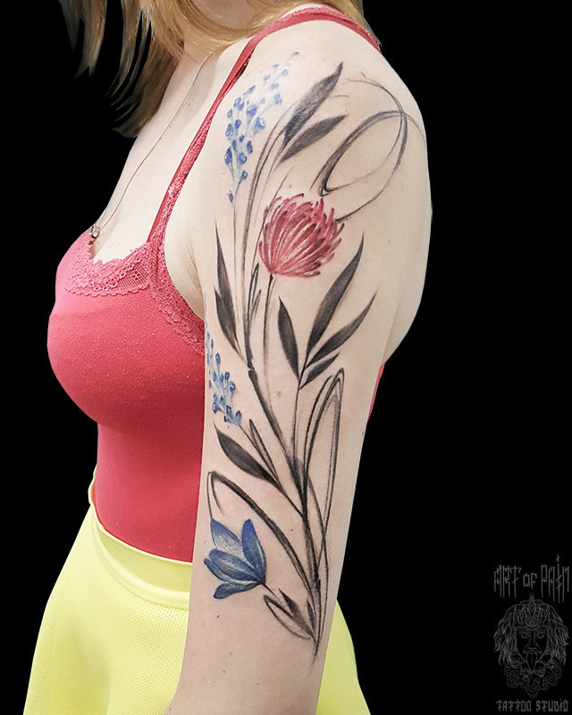 Татуировка женская нью-скул на плече цветы – Мастер тату: 