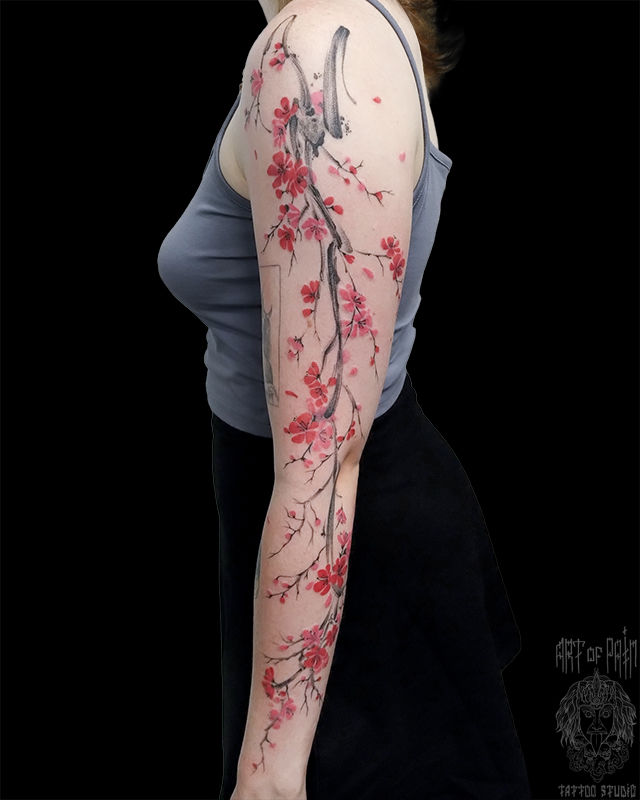 Татуировка женская графика тату-рукав сакура – Мастер тату: Анастасия Родина