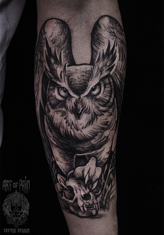 Татуировка мужская black&grey на предплечье сова и череп хищника – Мастер тату: 