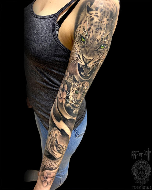 Татуировка женская реализм тату-рукав ягуар с котенком и змея – Мастер тату: 