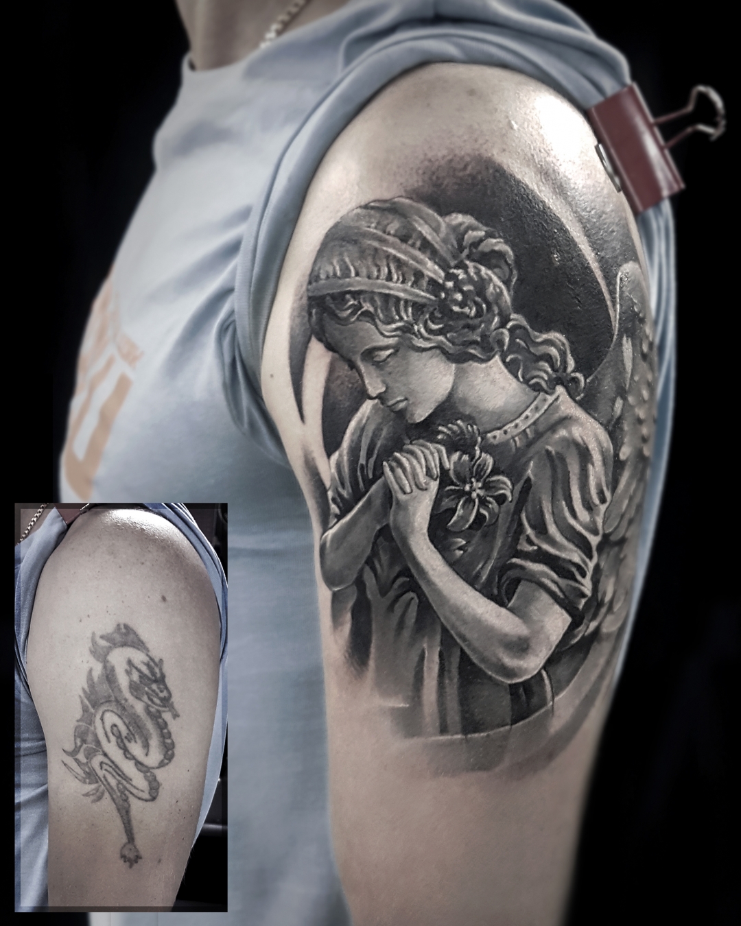 Татуировка мужская black&grey на плече ангел CoverUp – Мастер тату: 