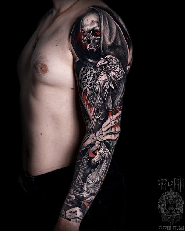 Татуировка мужская хоррор реализм тату-рукав смерть, ворон, лошадь – Мастер тату: Слава Tech Lunatic