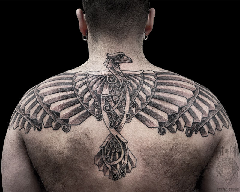 Татуировка мужская графика на спине орел – Мастер тату: Николай Орф
