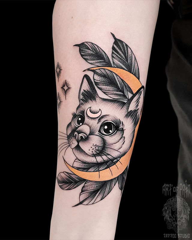 Татуировка женская графика на предплечье котик и месяц – Мастер тату: 