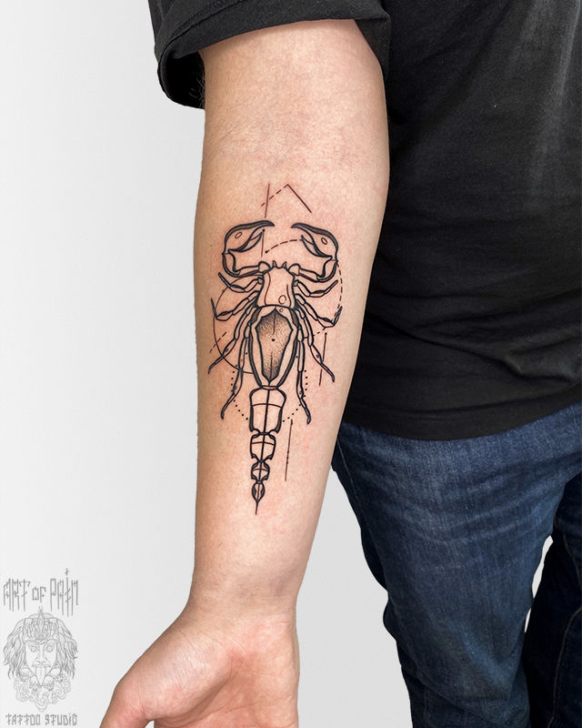 Татуировка мужская графика на предплечье скорпион – Мастер тату: Максим Север