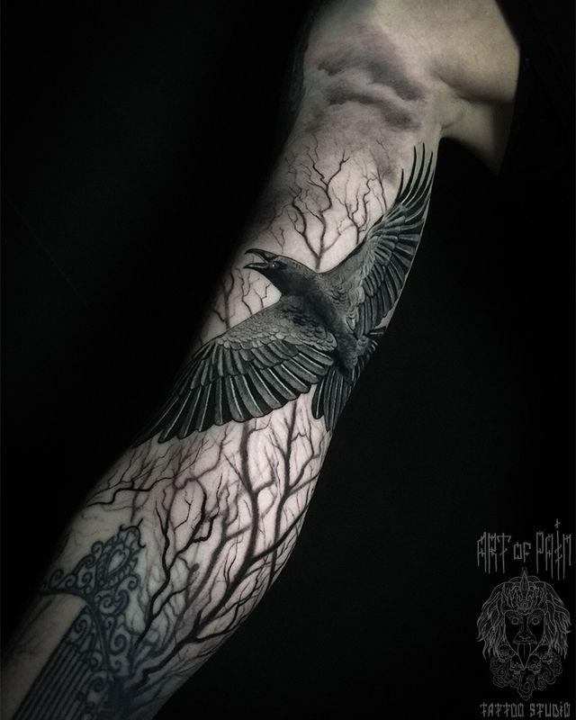 Татуировка мужская реализм на руке ворон – Мастер тату: Анастасия Юсупова