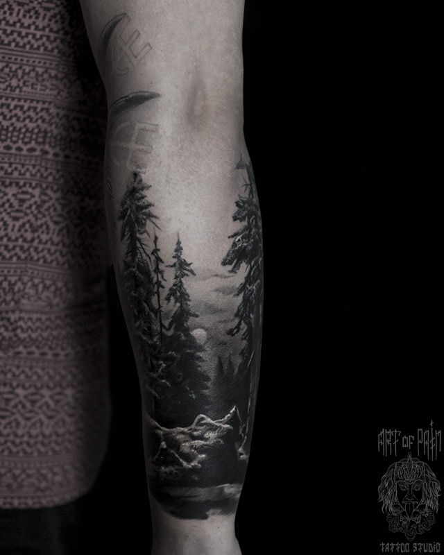 Татуировка мужская реализм на предплечье лес – Мастер тату: Александр Pusstattoo