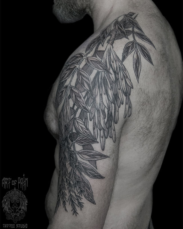 Татуировка мужская графика на плече растения – Мастер тату: Надежда Полякова