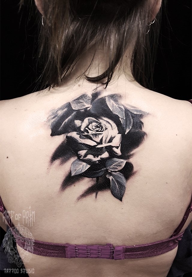 Татуировка женская реализм на спине черно-белая роза – Мастер тату: 