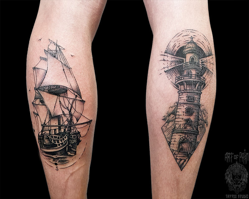 Татуировка мужская графика на голени корабль и маяк – Мастер тату: Николай Орф
