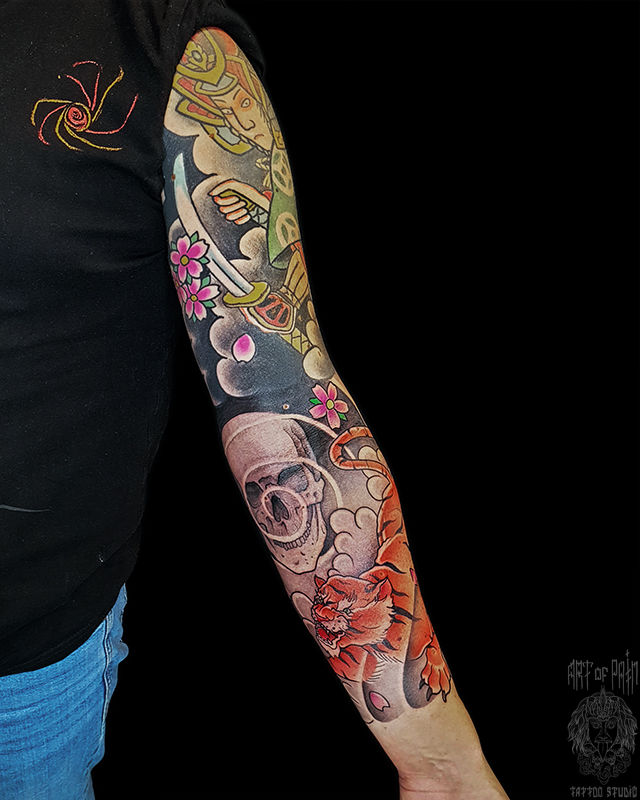 Татуировка мужская япония тату-рукав самурай и тигр – Мастер тату: 