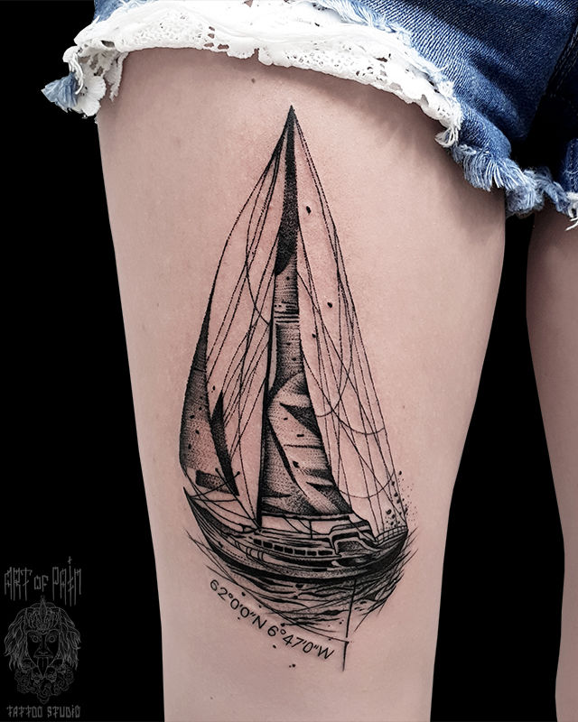 Татуировка женская графика на бедре корабль – Мастер тату: 