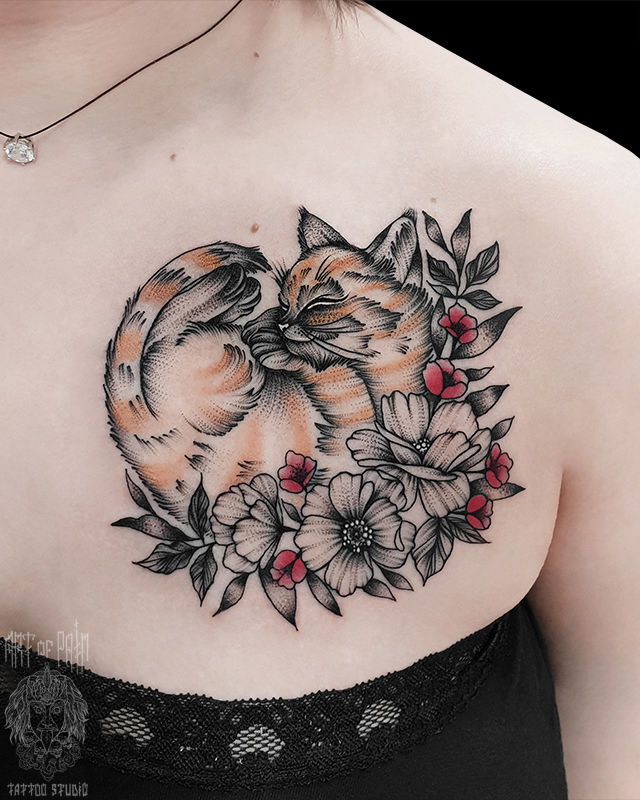 Татуировка женская графика на груди кошка – Мастер тату: 
