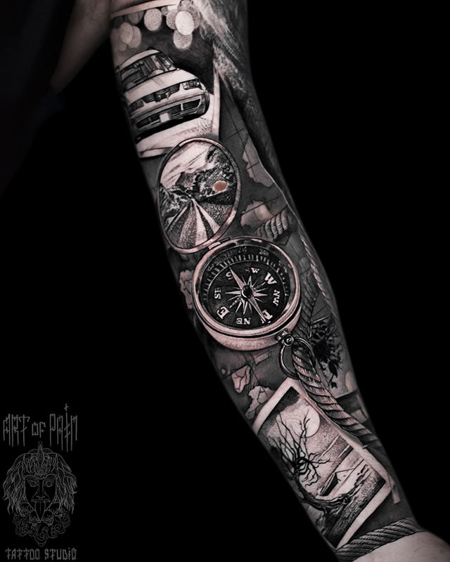 Татуировка мужская реализм тату-рукав компас, фотографии – Мастер тату: Слава Tech Lunatic