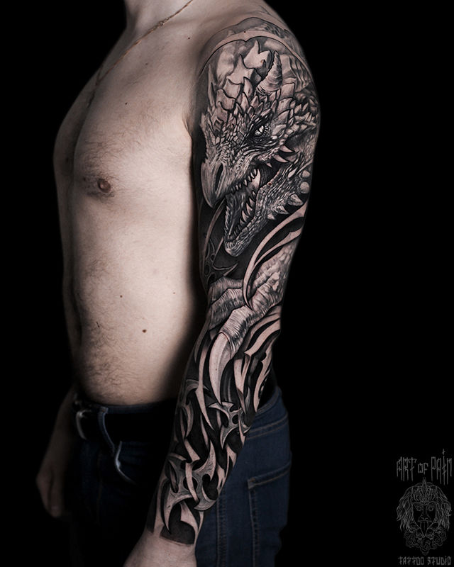 Татуировка мужская фентези тату-рукав дракон – Мастер тату: Слава Tech Lunatic