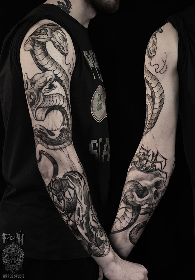 Татуировка мужская графика тату-рукав змея и череп – Мастер тату: 