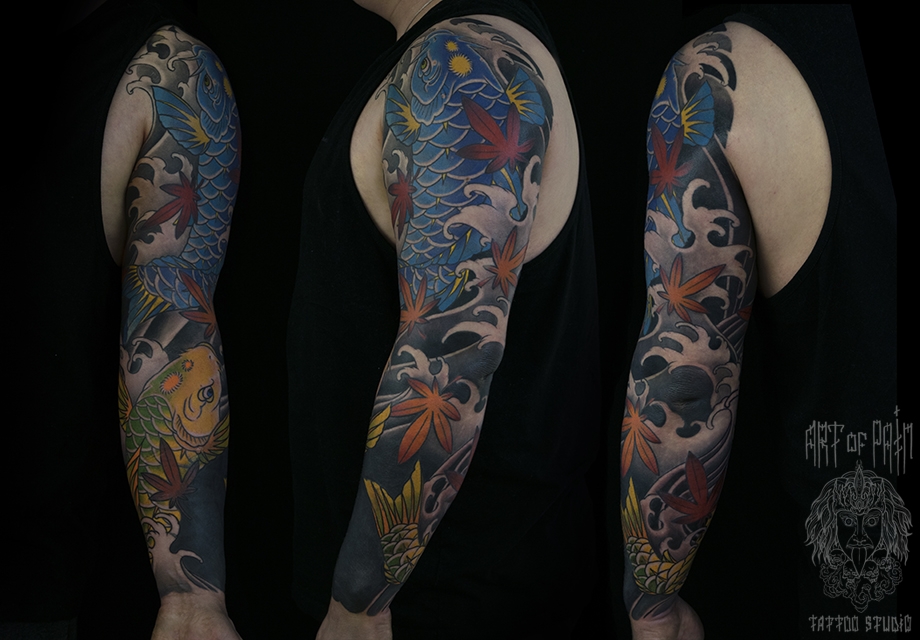 Татуировка мужская япония тату-рукав кои и листья – Мастер тату: Марк Акулов