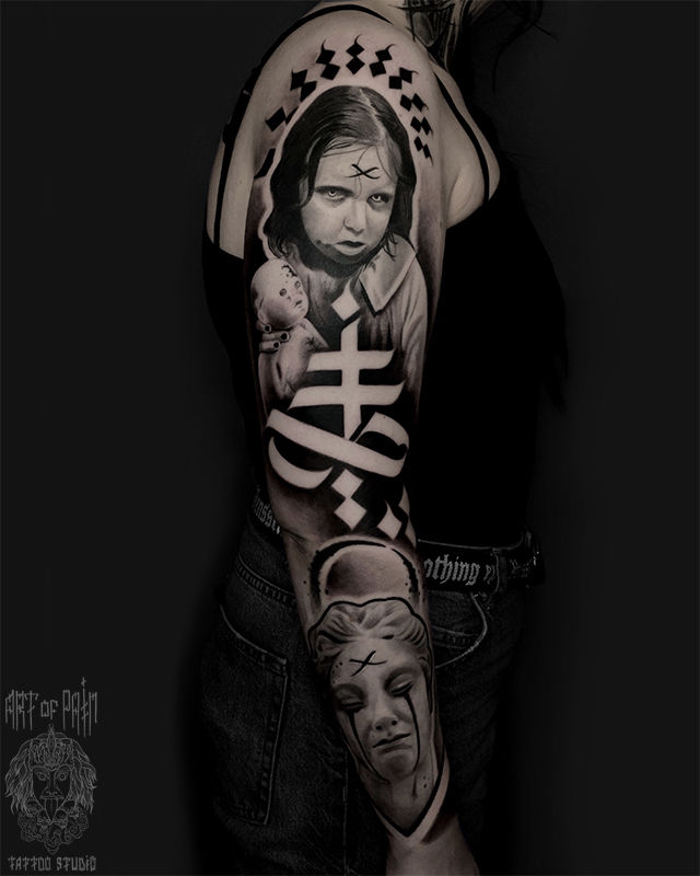 Татуировка женская реализм тату-рукав девочка, узор, богиня – Мастер тату: Анастасия Юсупова