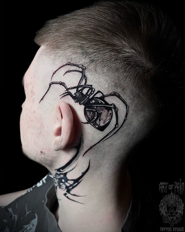 Татуировка мужская графика на голове паук – Мастер тату: Кирилл Плотников