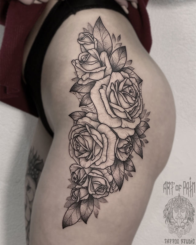 Татуировка женская графика на бедре цветы розы – Мастер тату: 
