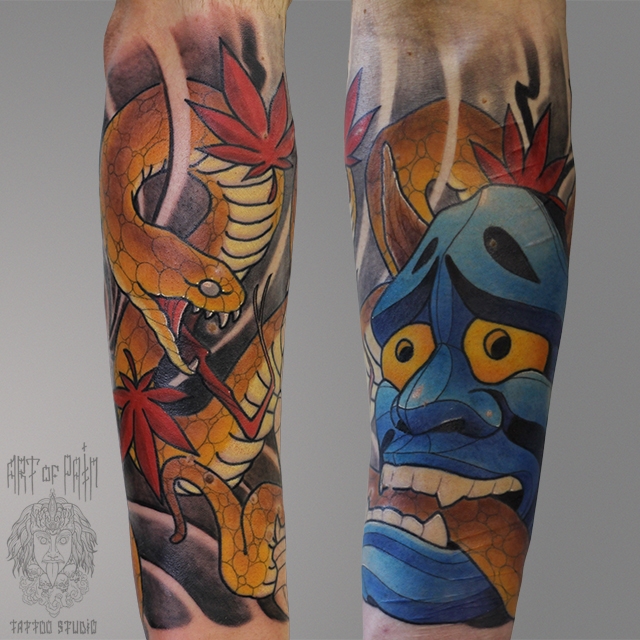 Татуировка мужская япония на предплечье ханья и змея – Мастер тату: Марк Акулов