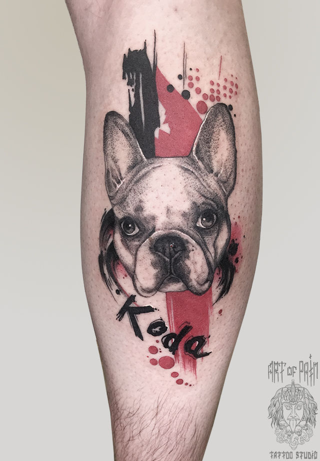 Татуировка мужская треш полька на голени собака – Мастер тату: 
