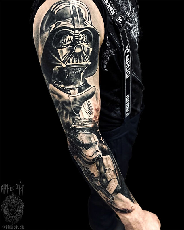 Татуировка мужская реализм тату-рукав Дарт Вейдер и штурмовик – Мастер тату: 