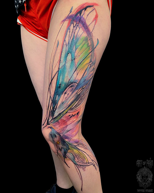 Татуировка женская акварель на ноге крыло бабочки – Мастер тату: 