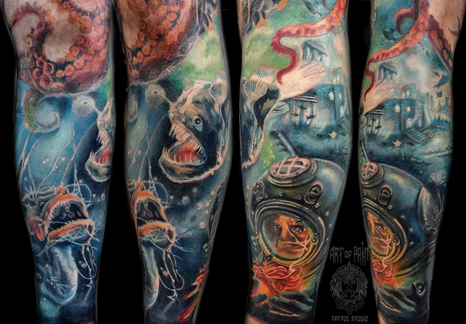 Татуировка мужская реализм на голени подводный мир – Мастер тату: 