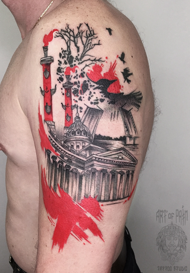Татуировка мужская треш полька на плече город – Мастер тату: 