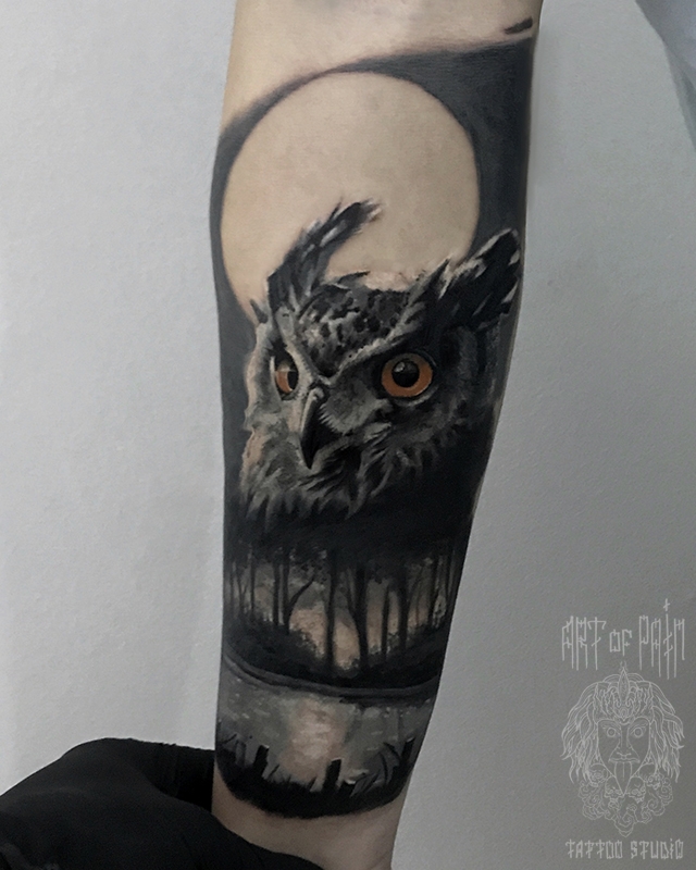 Татуировка мужская реализм на предплечье сова в лесу и полная луна – Мастер тату: 