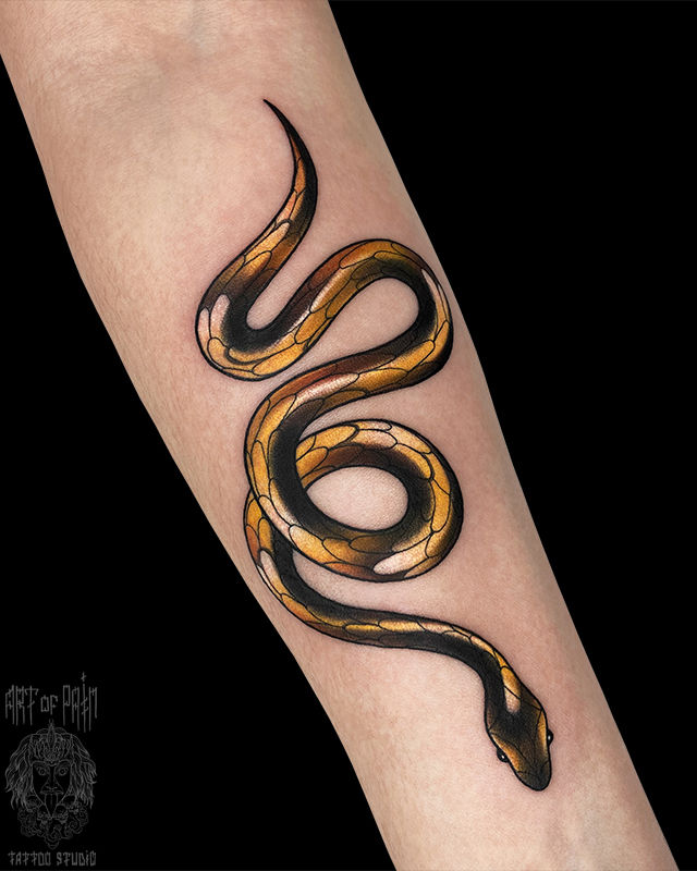 Татуировка женская нью скул на предплечье золотая змея – Мастер тату: 