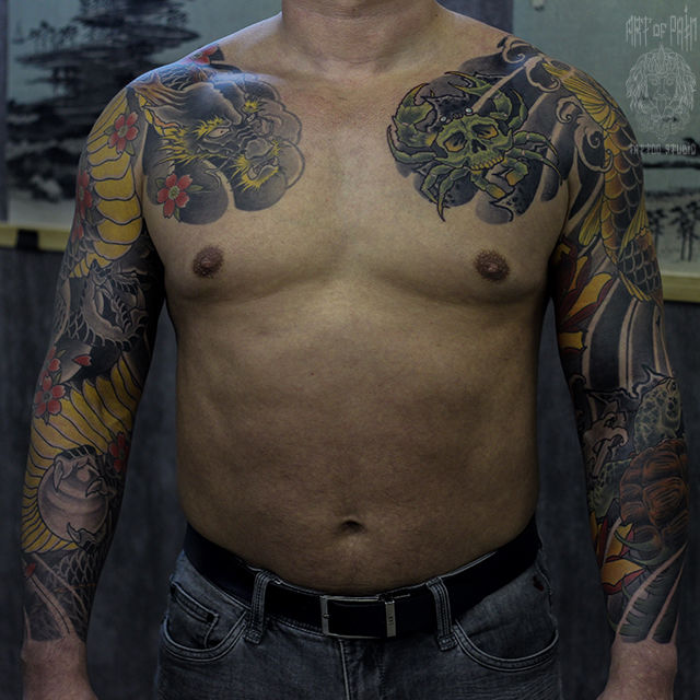 Татуировка мужская япония тату-рукав дракон, краб, лотос, черепаха – Мастер тату: Марк Акулов