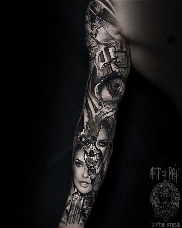 Татуировка мужская реализм тату-рукав девушка, череп, глаз – Мастер тату: Слава Tech Lunatic