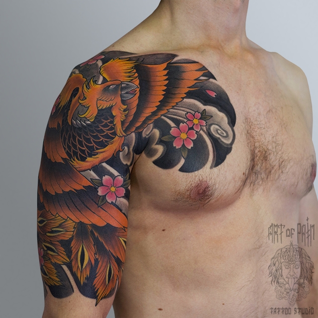 Татуировка мужская япония на плече феникс – Мастер тату: Марк Акулов