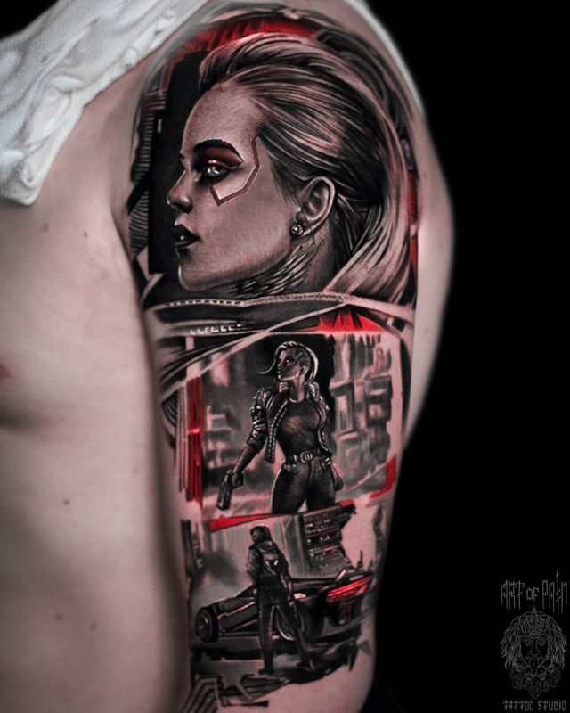 Татуировка мужская реализм на плече девушка и автомобиль – Мастер тату: Слава Tech Lunatic