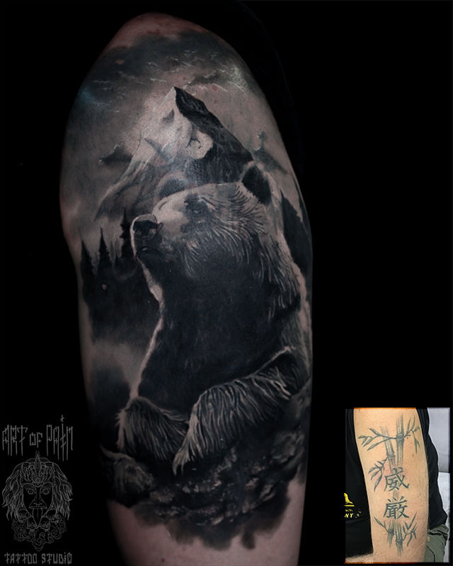 Татуировка мужская реализм на плече медведь кавер – Мастер тату: Александр Pusstattoo