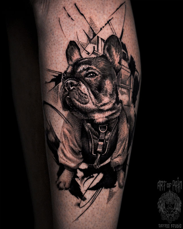 Татуировка женская реализм на голени собака – Мастер тату: Слава Tech Lunatic