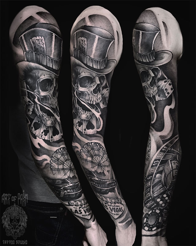 Татуировка мужская реализм тату-рукав череп, Лас-Вегас – Мастер тату: 